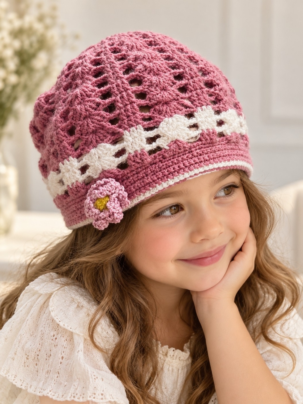 Girls Pink Crochet Beanie with White Trim and Flower Accent